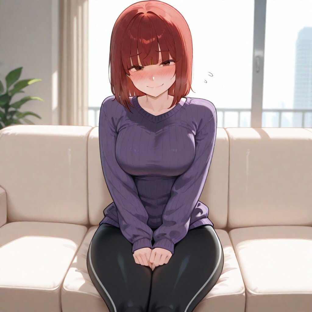 Emily's wearing her purple sweater and tight black leggings
