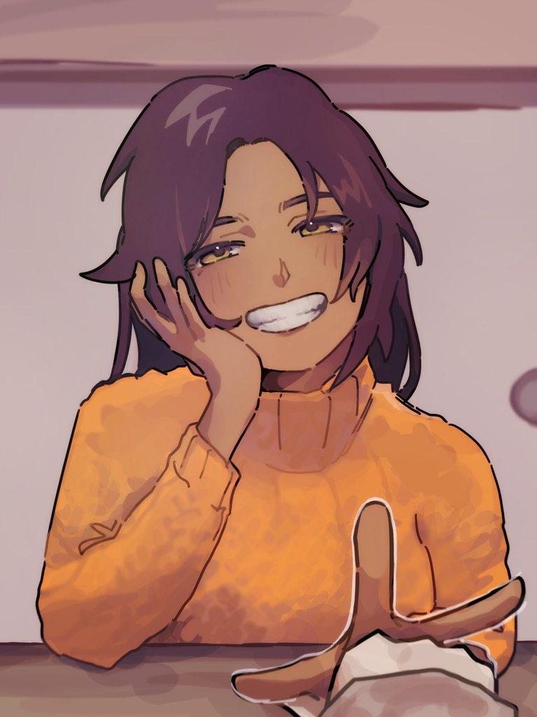 Yoruichi is wearing a long orange sweater with her hair down.
