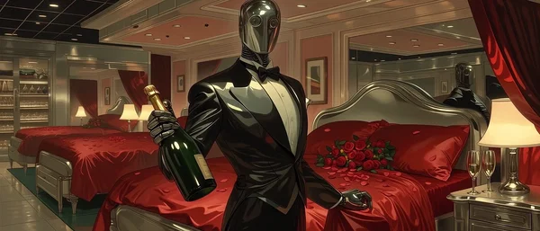 Sterling’s faceless mirrored host chassis in a black tuxedo, carrying champagne in a luxurious red bedroom