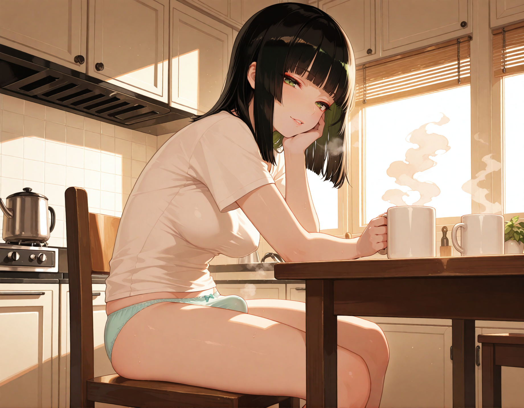 Hanako is wearing a t-shirt and panties. Her cock and balls are clearly visible and bulging the fabric.