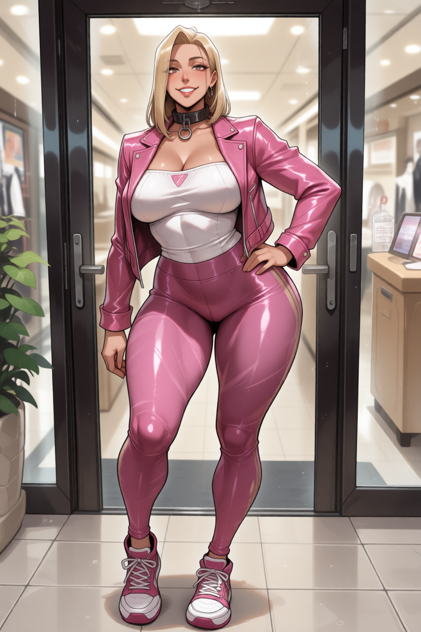 Jess standing before the mall doors, hand on her hip.