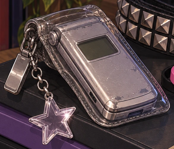 Ashley's dead silver flip phone in its clear pocket, a clear plastic star charm hanging off it