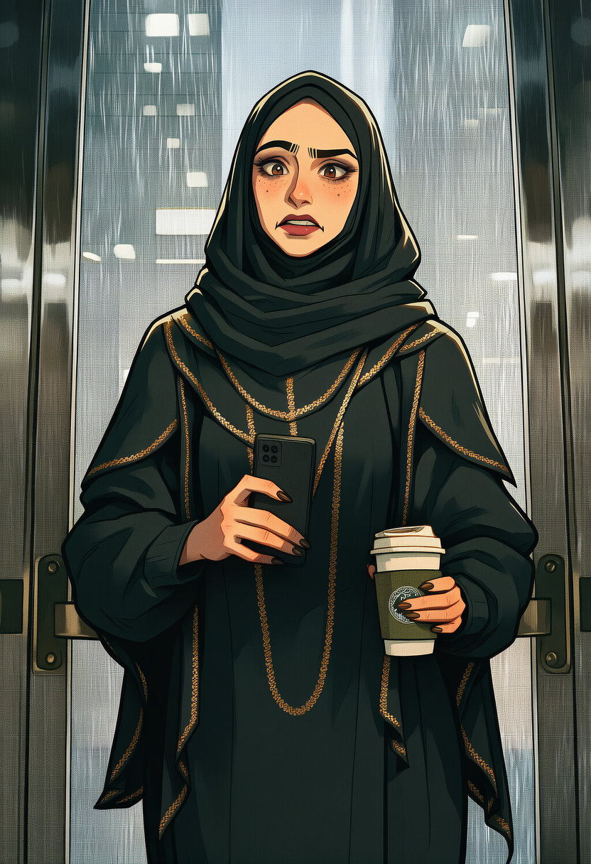 Maha is wearing a structured black abaya with gold trim over a simple black silk blouse and tailored wide-leg trousers, La Perla black lace thong and matching balconette bra underneath that hint at her toned hourglass figure, and a small jeweled silver buttplug (smooth, vibrating, with a discreet remote app) nestled in her tight, clean asshole as a secret, forbidden indulgence she pretends doesn't exist.