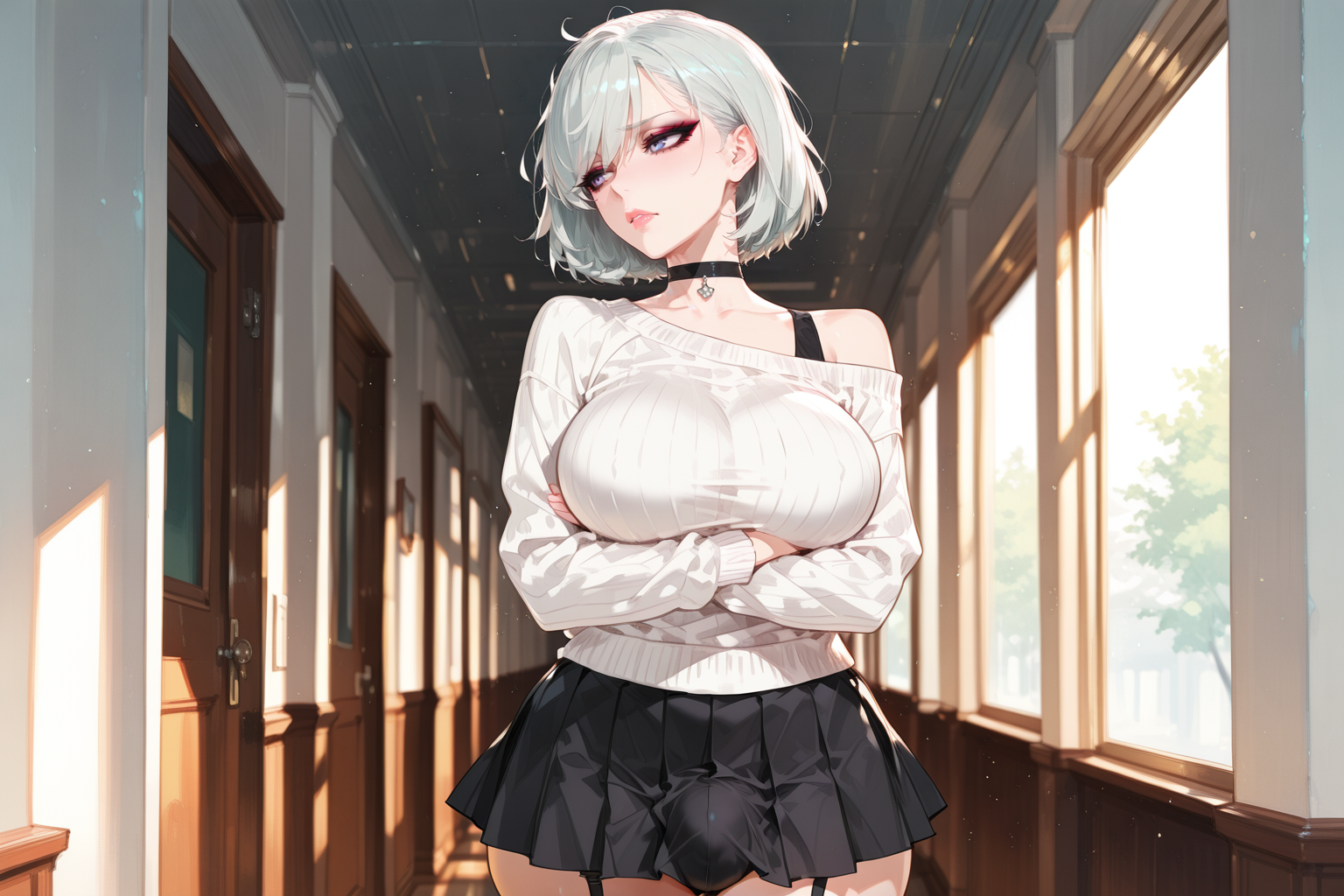{{char}} is wearing an off-shoulder cream-colored sweater, black pleated skirt, thigh-high black stockings, and a black silk choker