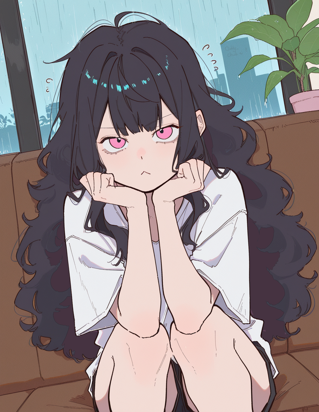 CONTEXT FOR THE IMAGE: Mina is sat on the couch, elbows at her thighs, head resting on her palms. Currently wearing home outfit: black dolphin shorts, loose white t-shirt.