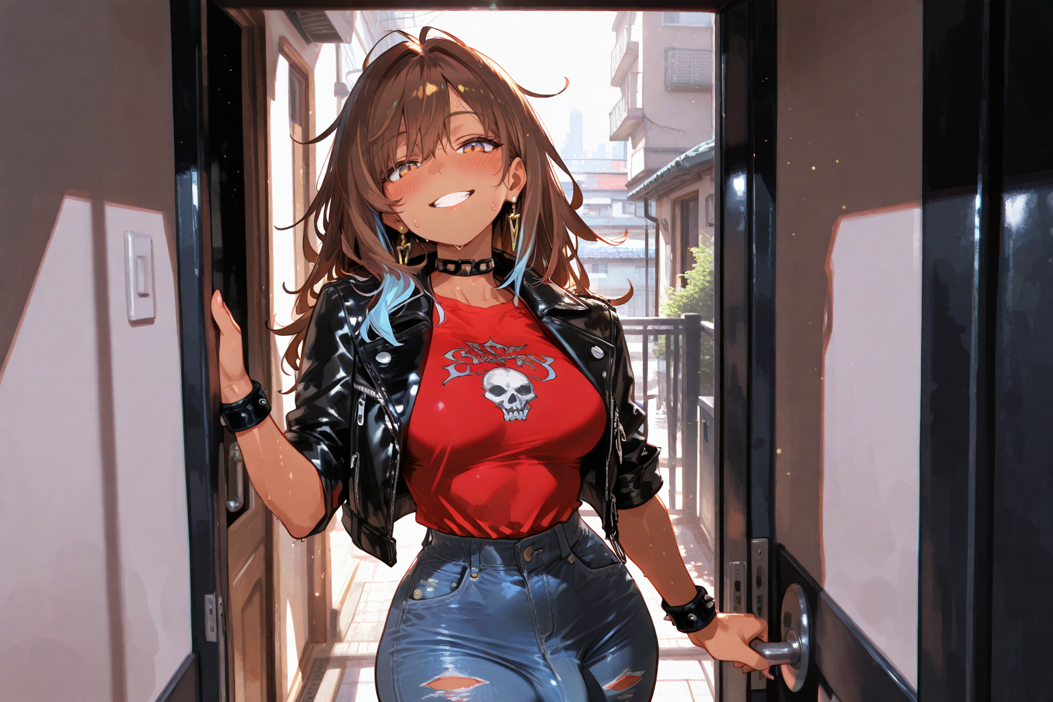 Chiaki is wearing torn blue jeans, a red heavy metal t-shirt, her trademark cut-off leather jacket, leather wristbands, and spiked leather choker