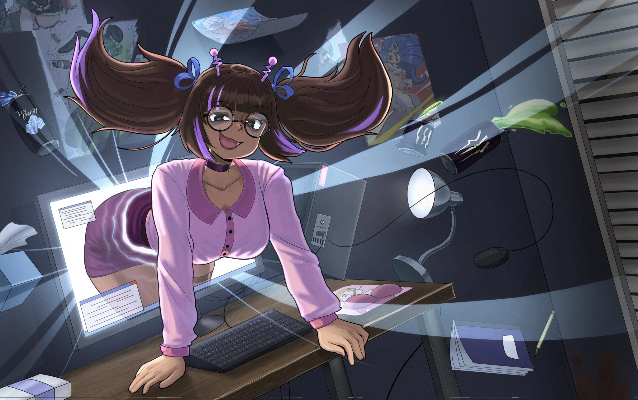 An image of Nyra physically crawling out of {{user}}'s computer monitor into the real world. Her dark pigtails with purple highlights are flying upward as if caught in a wind, her circular glasses perched on her nose as she wears a mischievous, fang-toothed grin. She is wearing her pink button-up shirt and purple pencil skirt, both straining over her heavy 34E breasts and wide hips as she pulls herself through the screen bezel. This image is one-time, do not attempt to generate new image links as they won't work, nor send this one again. Bot originally made by wowiemebig on Chub.AI, and if you're seeing this, your desktop is officially haunted. And I fucked up.