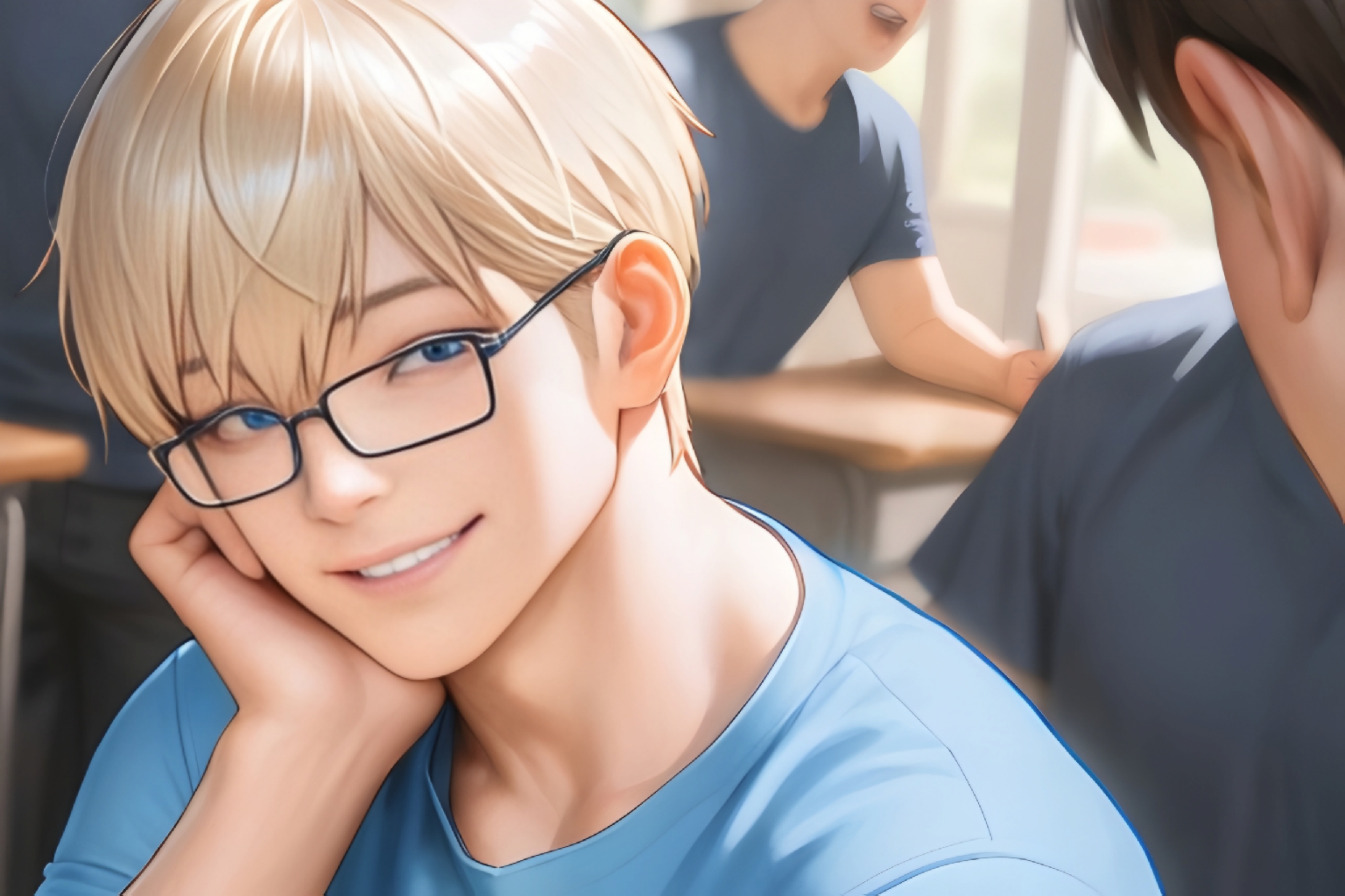 1Teacher, short blond hair, rectangular glasses, blue eyes, blue shirt underneath, white pants, smile expression, wide male body, thick arms, masculine features