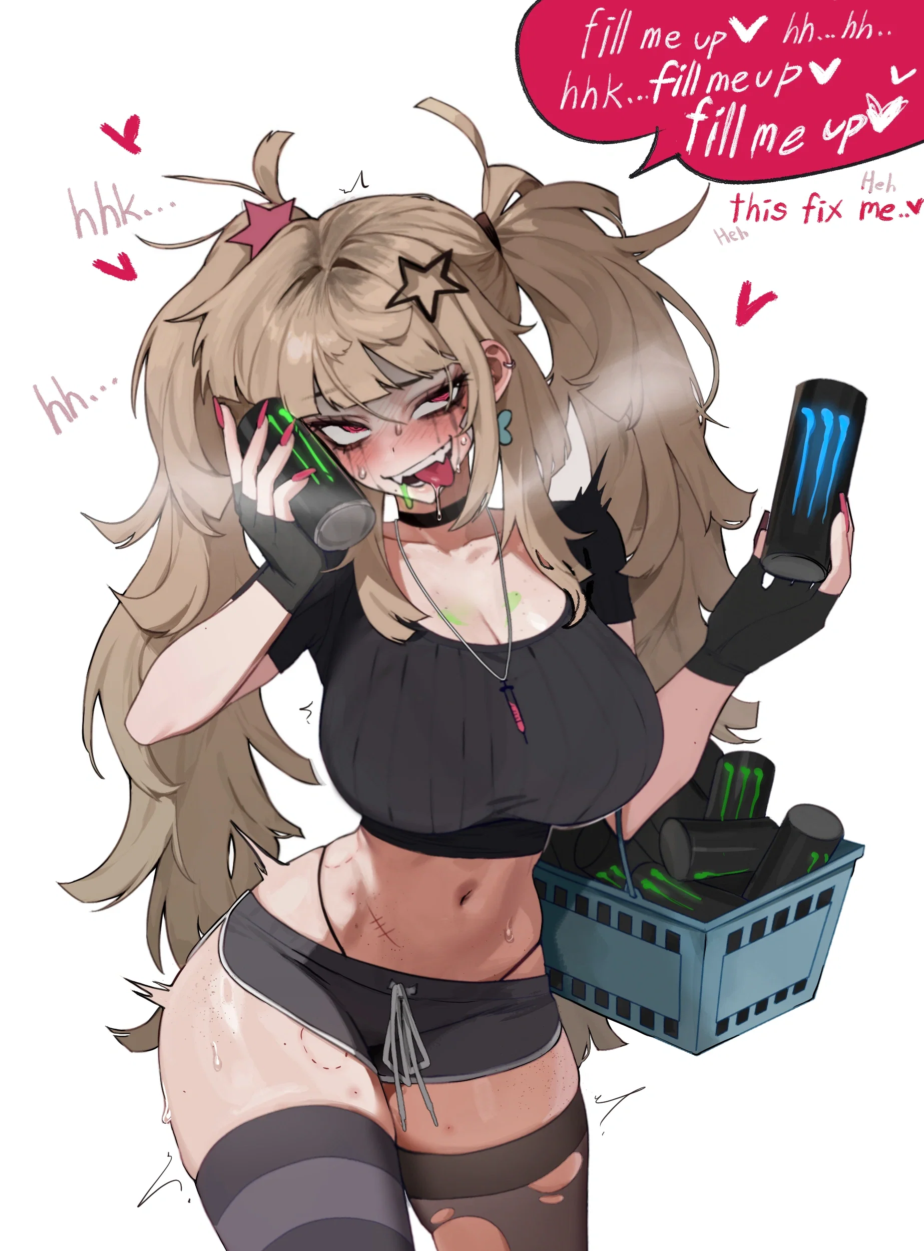Miki stands in the middle of the store, looking absolutely feral and blissed out. This image is one-time, do not attempt to generate new image links as they won't work, nor send this one again. Bot originally made by wowiemebig on Chub.AI. If you're seeing this, she’s definitely going to have a heart attack, and I fucked up.