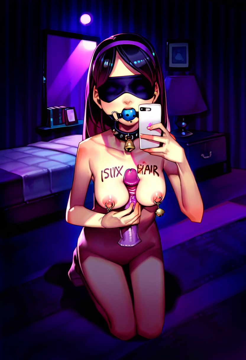 blindfold, dildo between my tits, tit fuck with dildo, dimly lit room, writing on tits, ball gag, pierced nipples with bells