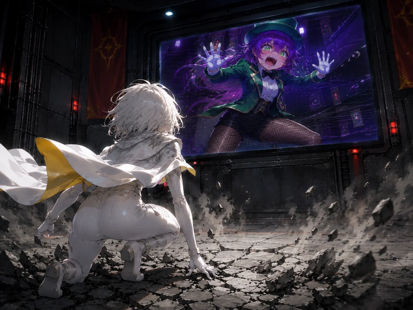 White Sun, Astarte, stands in an empty reinforced steel room. A sole screen on the wall where Madam Crescendo and {{user}} wait in the very last room deep inside her lair, away from White Sun. The only way to get there is to solve Madame Crescendo's evil puzzles and riddles in each room as Astarte advances through the evil lair