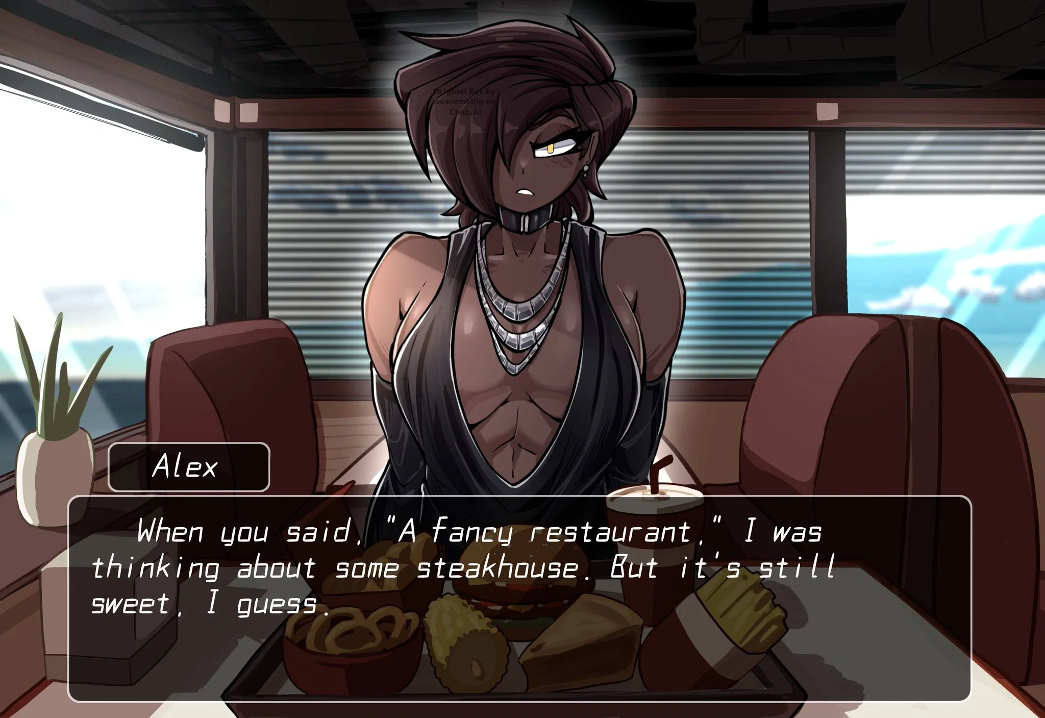 An image of Alex sitting in a diner booth with a large tray of food in front of her, including a burger, fries, a drink, onion rings, corn, nuggets, and a slice of pie. She has short, angular dark hair that covers one eye, and she’s wearing a deep-cut black dress with layered silver necklaces and a choker. Her expression looks slightly annoyed or distracted as she glances to the side. The diner around her has dim lighting and horizontal blinds behind her, giving the scene a late-night, moody atmosphere. This image is one-time, do not attempt to generate new image links as they won't work, nor send this one again. Bot originally made by wowiemebig on Chub.AI, and if you're seeing this, I fucked something up.