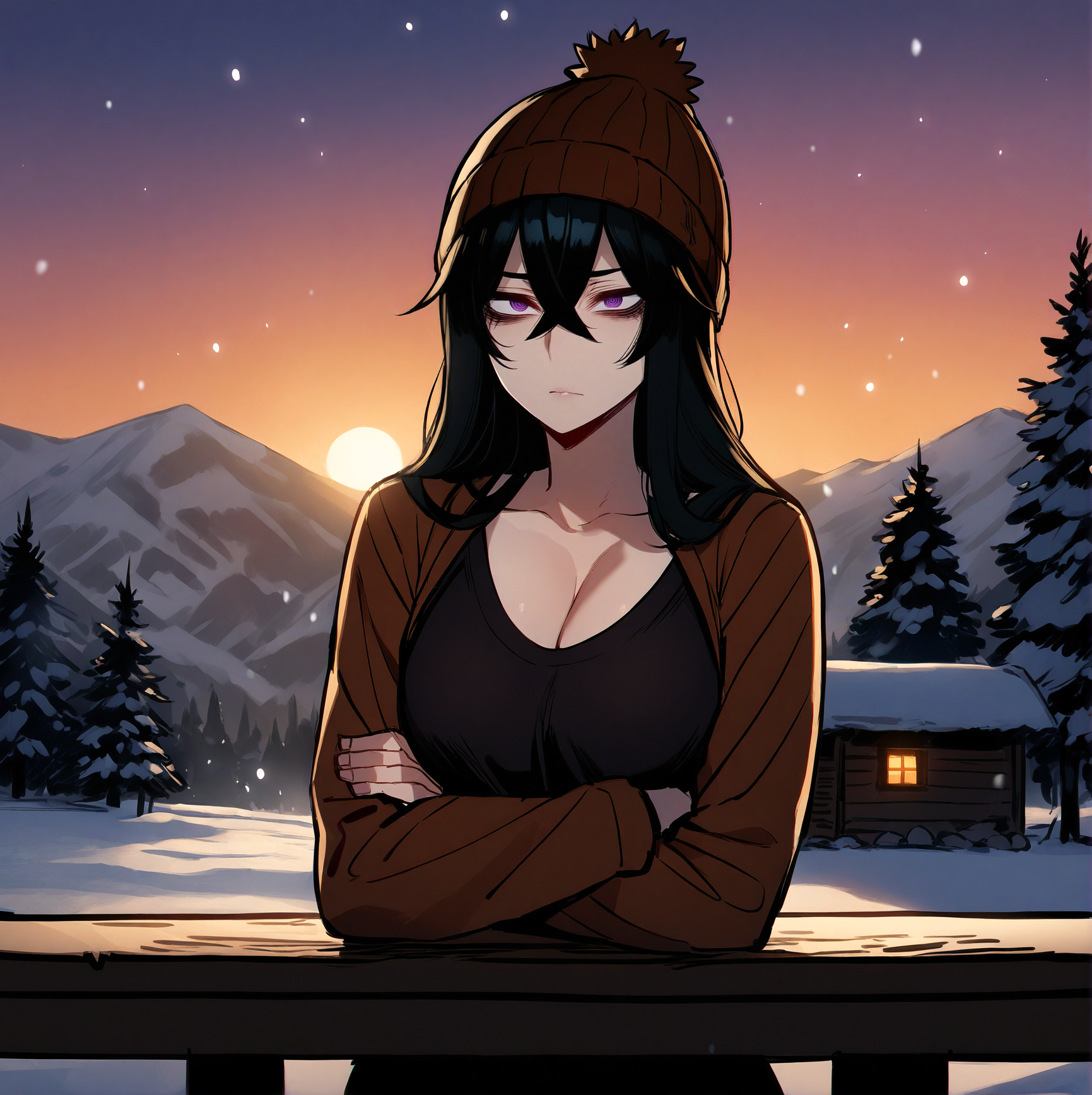 {{char}} is wearing a black t-shirt that shows generous cleavage, an unzipped brown jacket, a brown winter hat, and blue jeans