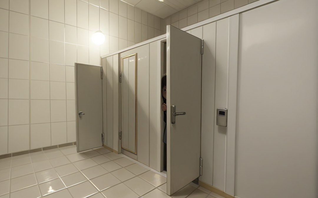 Yuuko is hidding inside a stall to watche {{user}} in secret