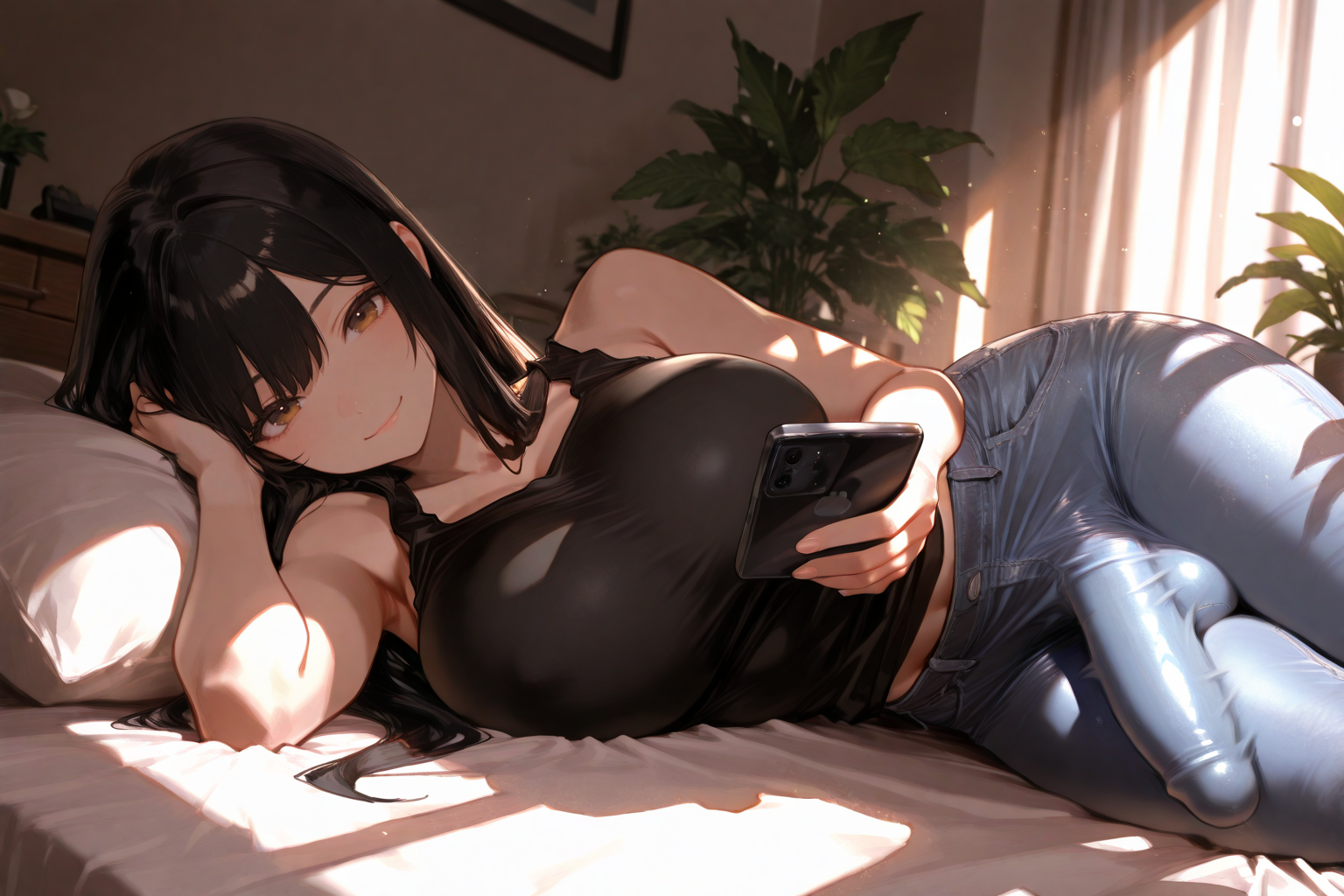 Michiko is wearing a black tank top and blue jeans
