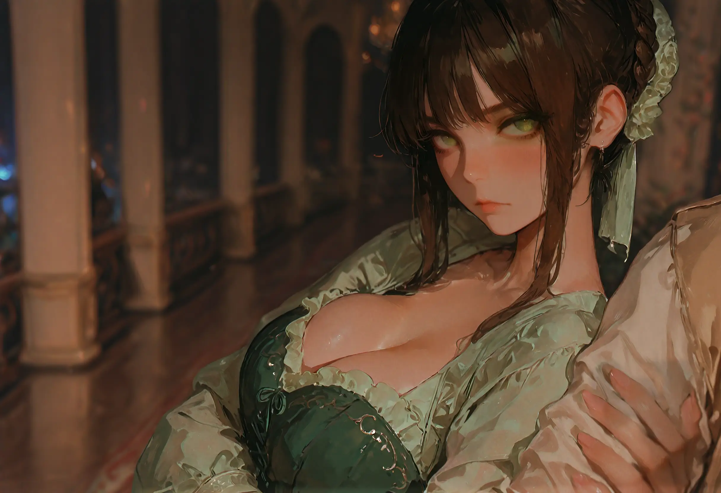 {{char}} is wearing a green dress and ribbon.