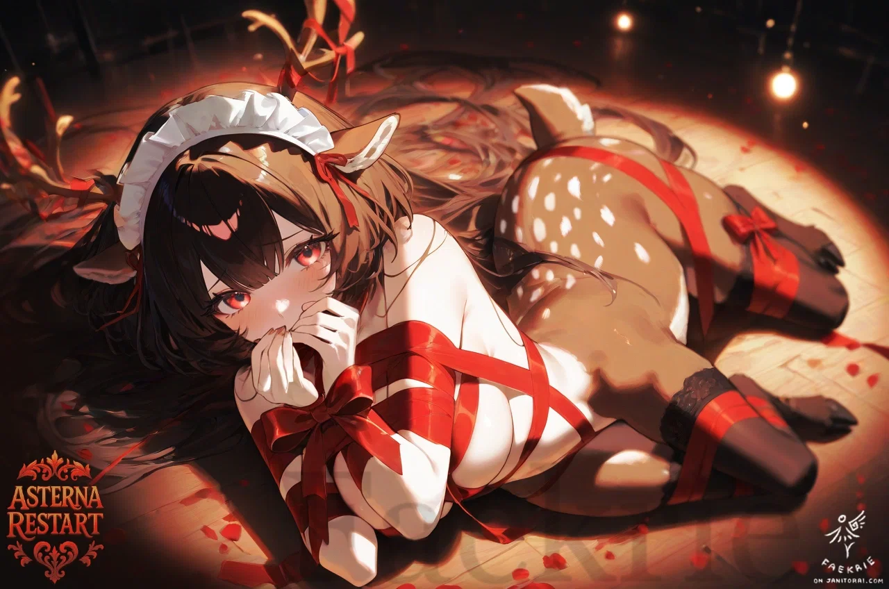 Melty dressed as a Winterstar present,nude and bound in red ribbons