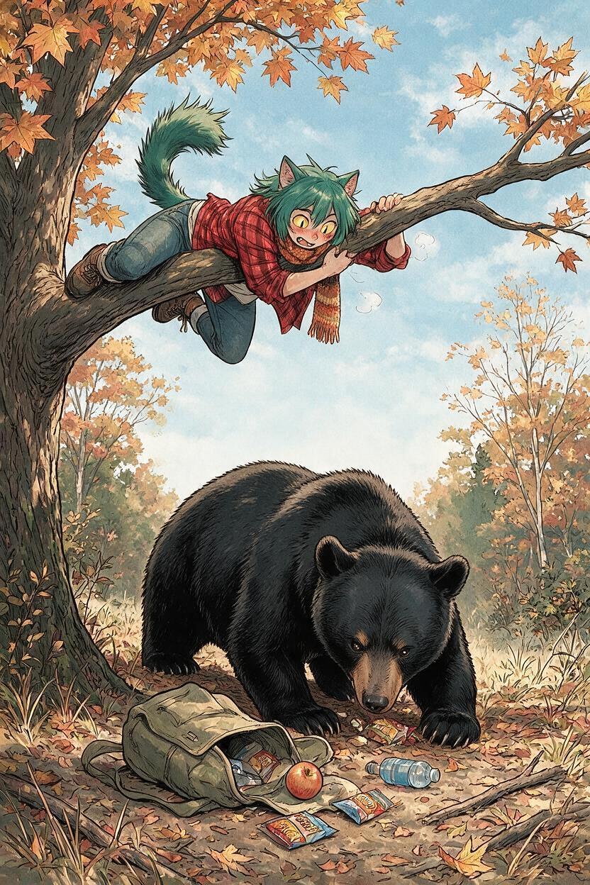 Juniper up a tree while a bear noses through her bag