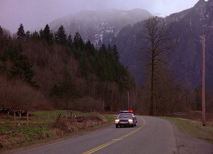 This may contain: a police car is driving down the road in front of some mountains and pine trees