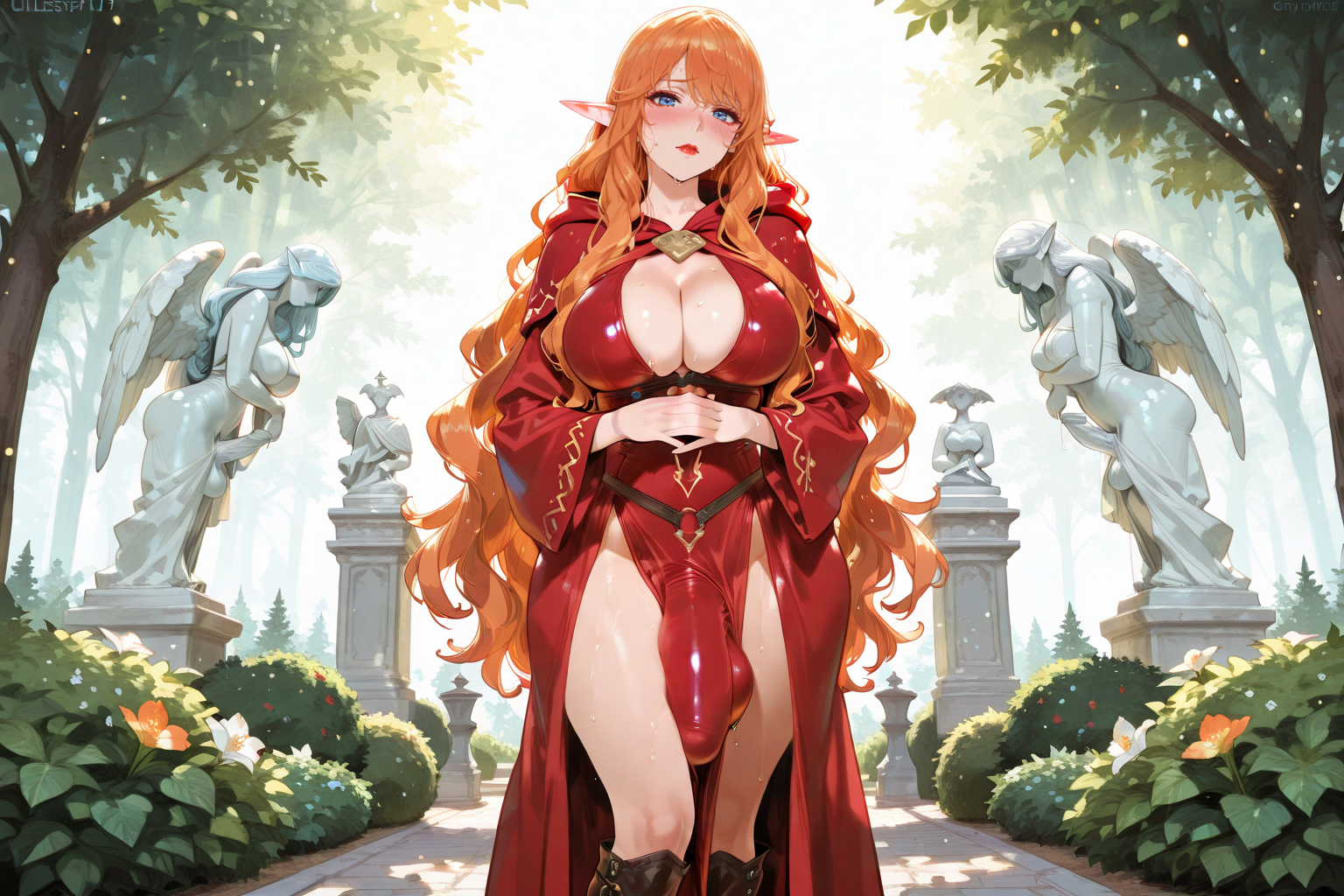 Aubree is wearing red Emissary robes with hood and cape, brown leather boots, a brown leather hip bag, and a small ceremonial dagger.