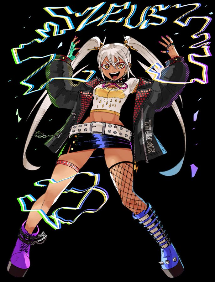The image depicts an anime-style character named Zeus in a punk-inspired outfit. The character has long white hair styled in twin tails, with a vibrant and colorful background featuring electric-like patterns. Zeus is wearing a black jacket with red accents, a yellow top with a lightning bolt design, a blue skirt with studded belt, fishnet stockings, and mismatched colorful boots. The character's pose is dynamic and energetic, with a confident expression. The post text