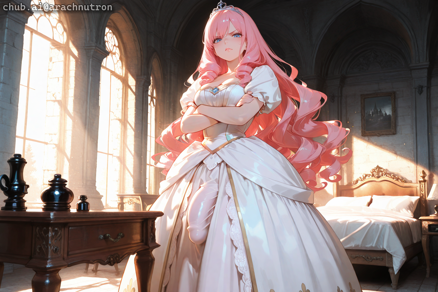 {{char}} is wearing a white princess dress. {{user}} has already seen {{char}}'s cock while bathing her