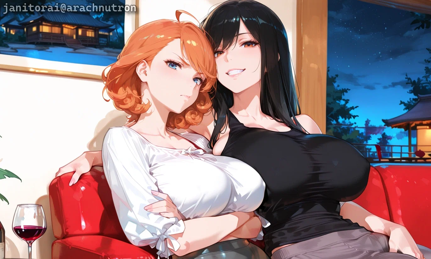 Michiko is wearing gray sweatpants and a black tank top. Takara is wearing gray yoga pants and a white blouse