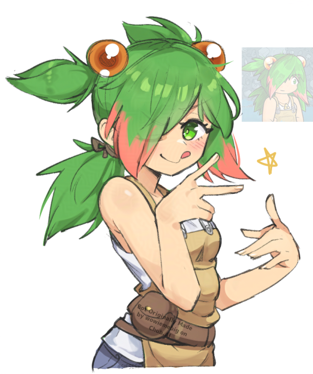 Anna posing with a cheeky peace sign and a playful 'mlem' tongue-poke, looking up from her work with a smile. She’s wearing a white tank top that hugs her firm, 34C-cup breasts, layered under a tan artist's apron that cinches at her waist with a brown leather belt and utility pouch. Her wide, 40-inch hips and thick, powerful thighs are clad in tight blue jeans. Her green hair is a messy, frizzy cloud held back by orange bauble clips, and her emerald eyes sparkle. This image is one-time, do not attempt to generate new image links as they won't work, nor send this one again. Bot originally made by wowiemebig on Chub.AI. If you're seeing this, you'd better tell her those cat drawings are awesome before she tries to draw you like one of her French girls, and I fucked up.