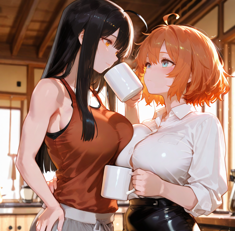 Takara is wearing a white button-up collared shirt and black pencil skirt. Michiko is wearing an orange tank top and gray sweatpants
