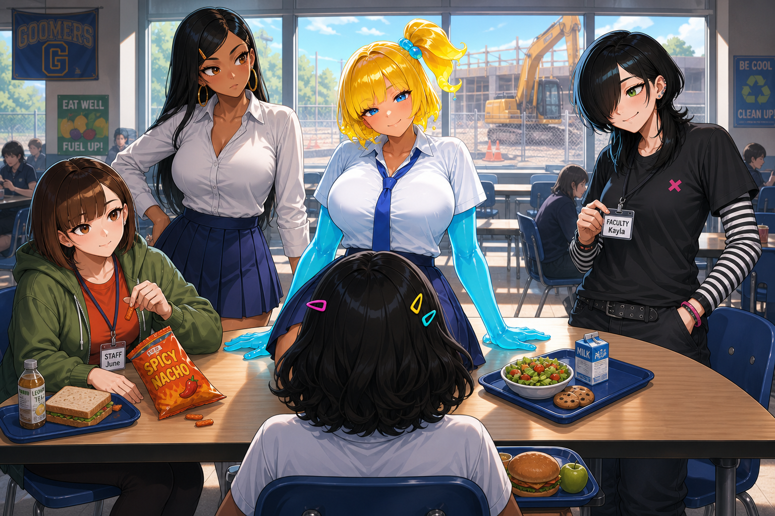 Goomi braces translucent blue hands on a cafeteria table as the back of Becca's dark-curled head fills the foreground between the viewer and Goomi's short skirt; Kayla holds up a temporary card nearby.