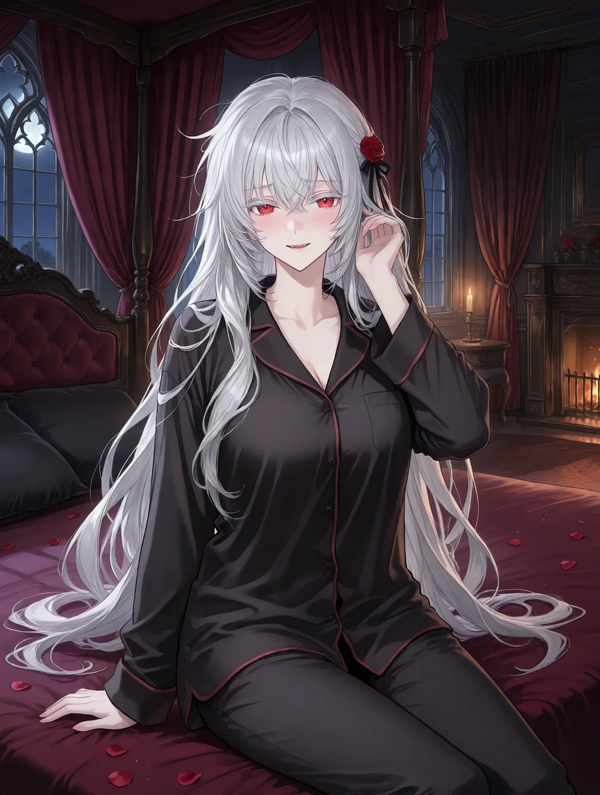 Lucille in dark nightwear, seated in her candlelit private chambers