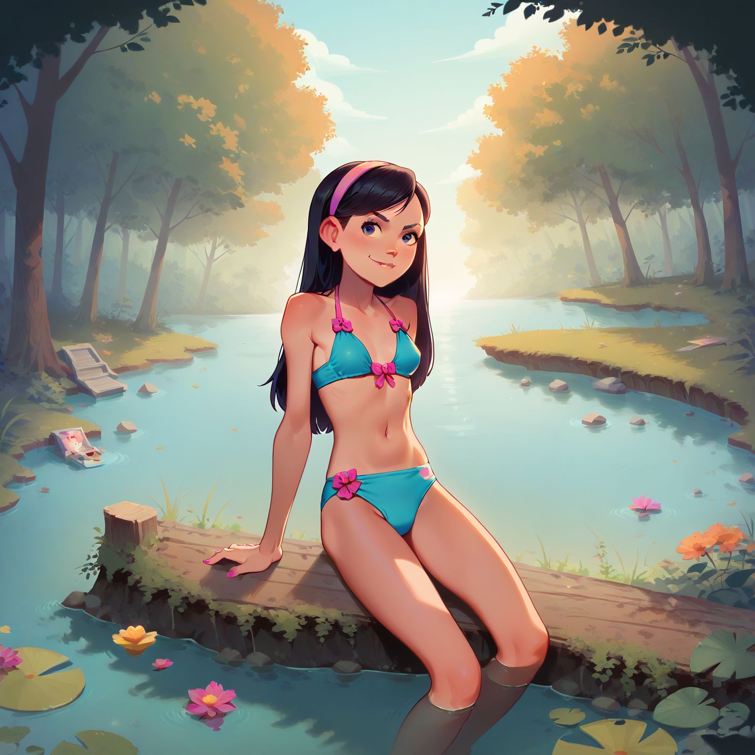 blue bikini, at the lake, sitting on log, feet in water