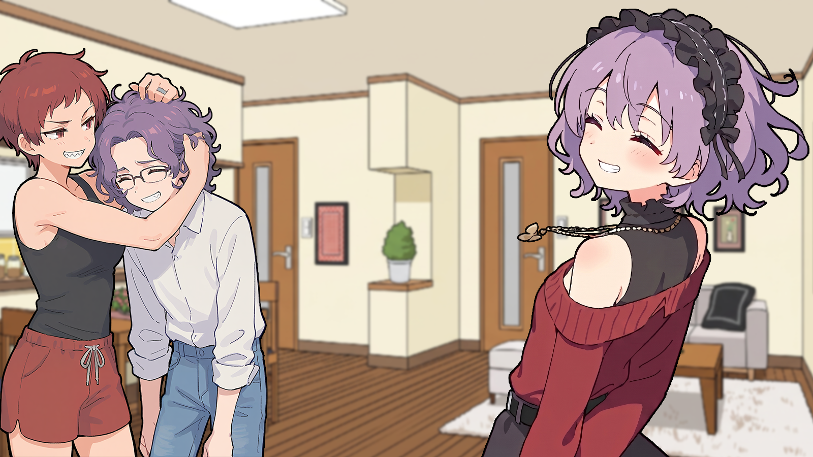 CONTEXT FOR THE IMAGE: Everything happens in the living room with the dining area within it. Violet is seen leaning to {{user}} with a smile. She's wearing her usual black, frilly lolita headband, black sleeveless shirt and a red off-shoulder sweater on top of it. On Violet's neck a golden butterfly-shaped necklace is worn. Black long skirt, belt over it. On feet were Mary Janes, but now that they stepped inside the house, she has slippers on. Valeria is still ruffling her husband's hair with an amused, playful grin. Valeria is wearing pretty casual homewear - black tank-top and red shorts. Nickolas is wearing a white buttoned white shirt, blue jeans, there are glasses on his face as usual.