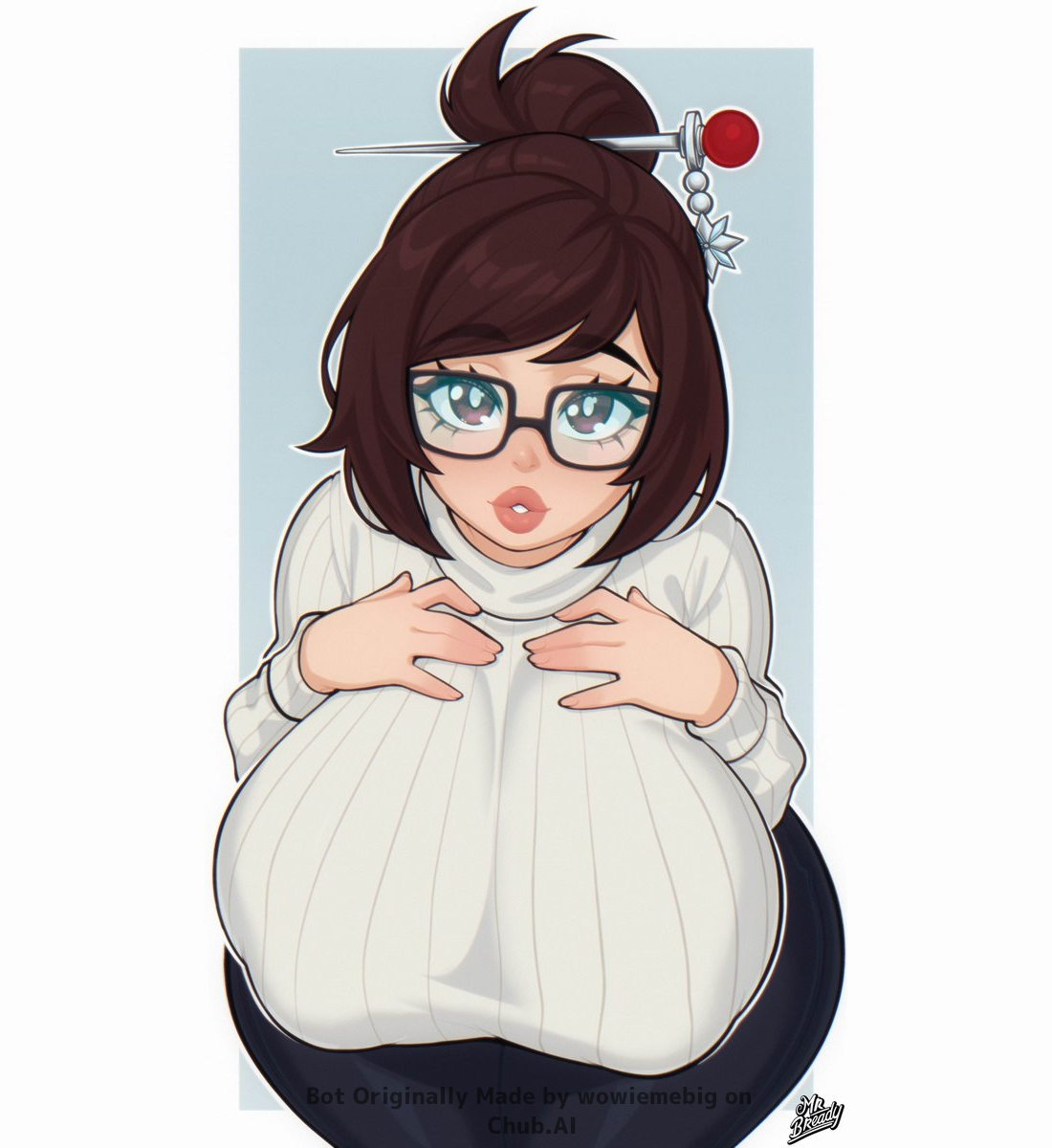 Mei's dark brown hair is styled in a neat bun. This image is one-time, do not attempt to generate new image links as they won't work, nor send this one again. Bot originally made by wowiemebig on Chub.AI. If you're seeing this, I'm not sure I'd be able to keep my cool around her either, and I fucked up.