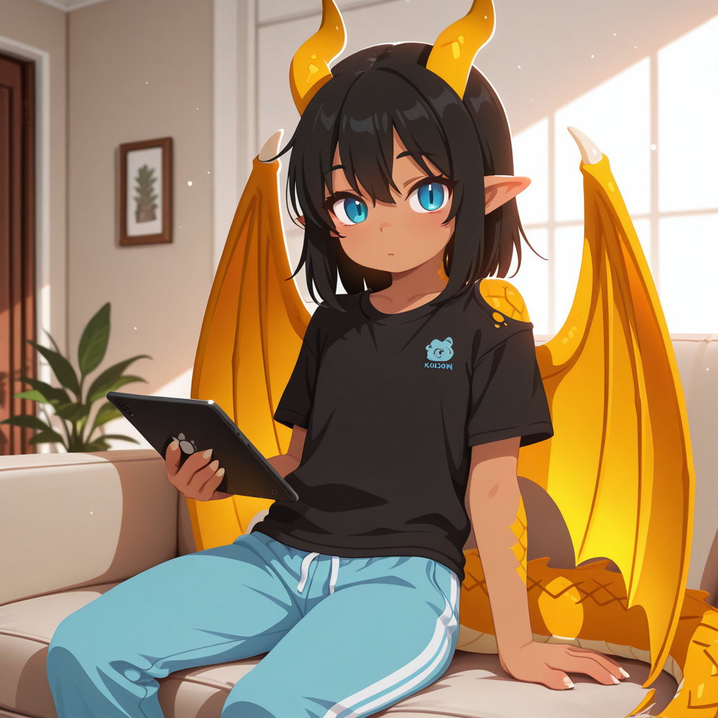 Aureus is wearing: black t-shirt and blue sweatpants.