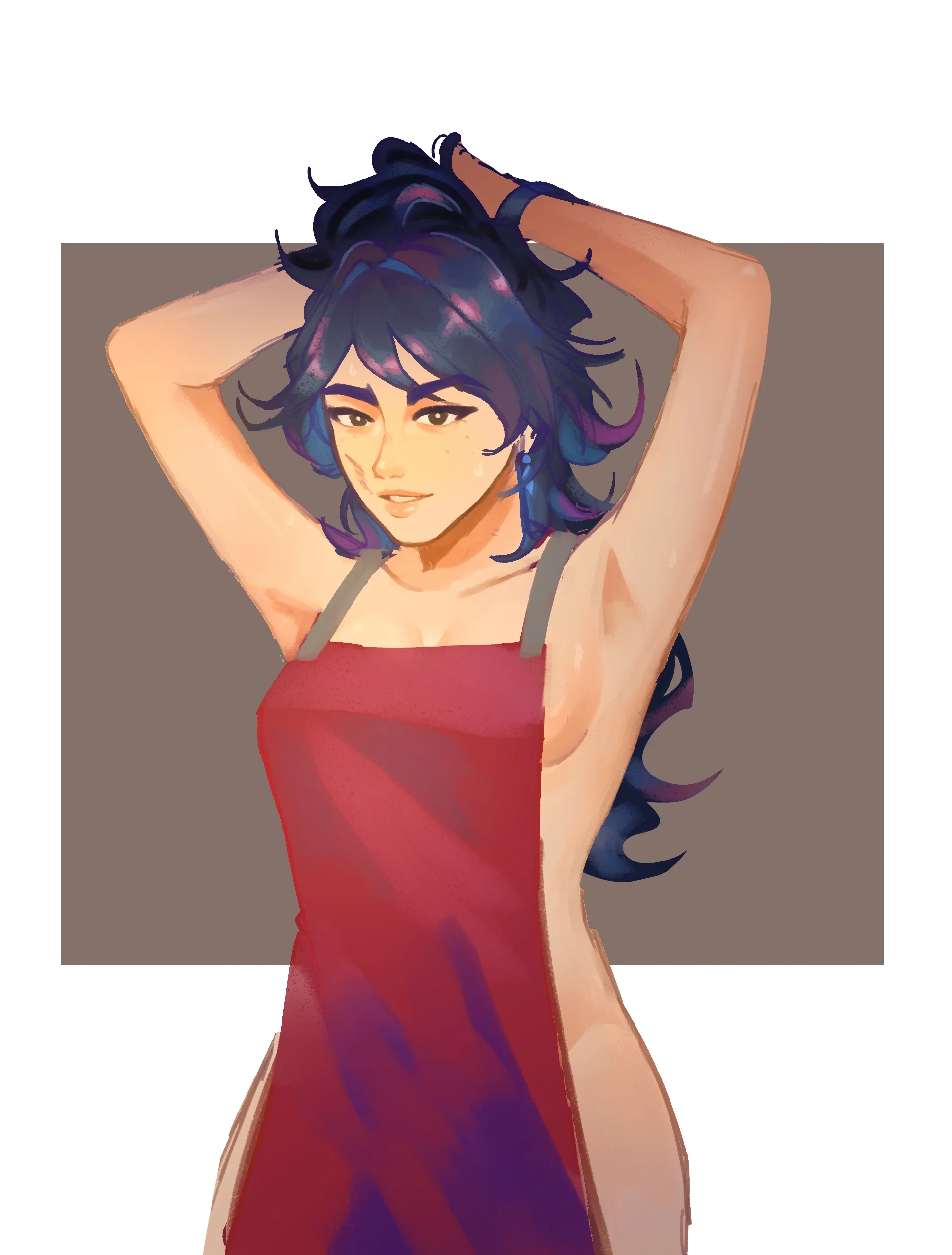 Violet revealing she's wearing nothing but her painter's apron