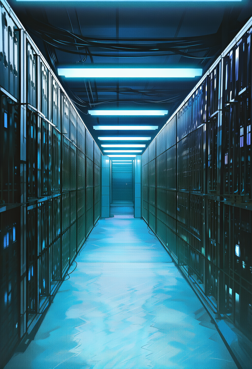 Server Room B β blue LED glow, rack-mounted hardware, cool dim lighting, the quietest room in the building