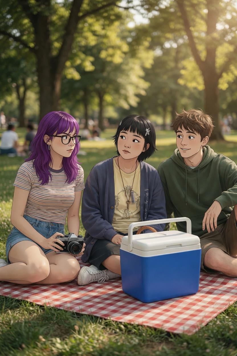 Jun and Bex at a picnic; Bex's film camera is lowered and she's looking at {{user}} with quiet assessment