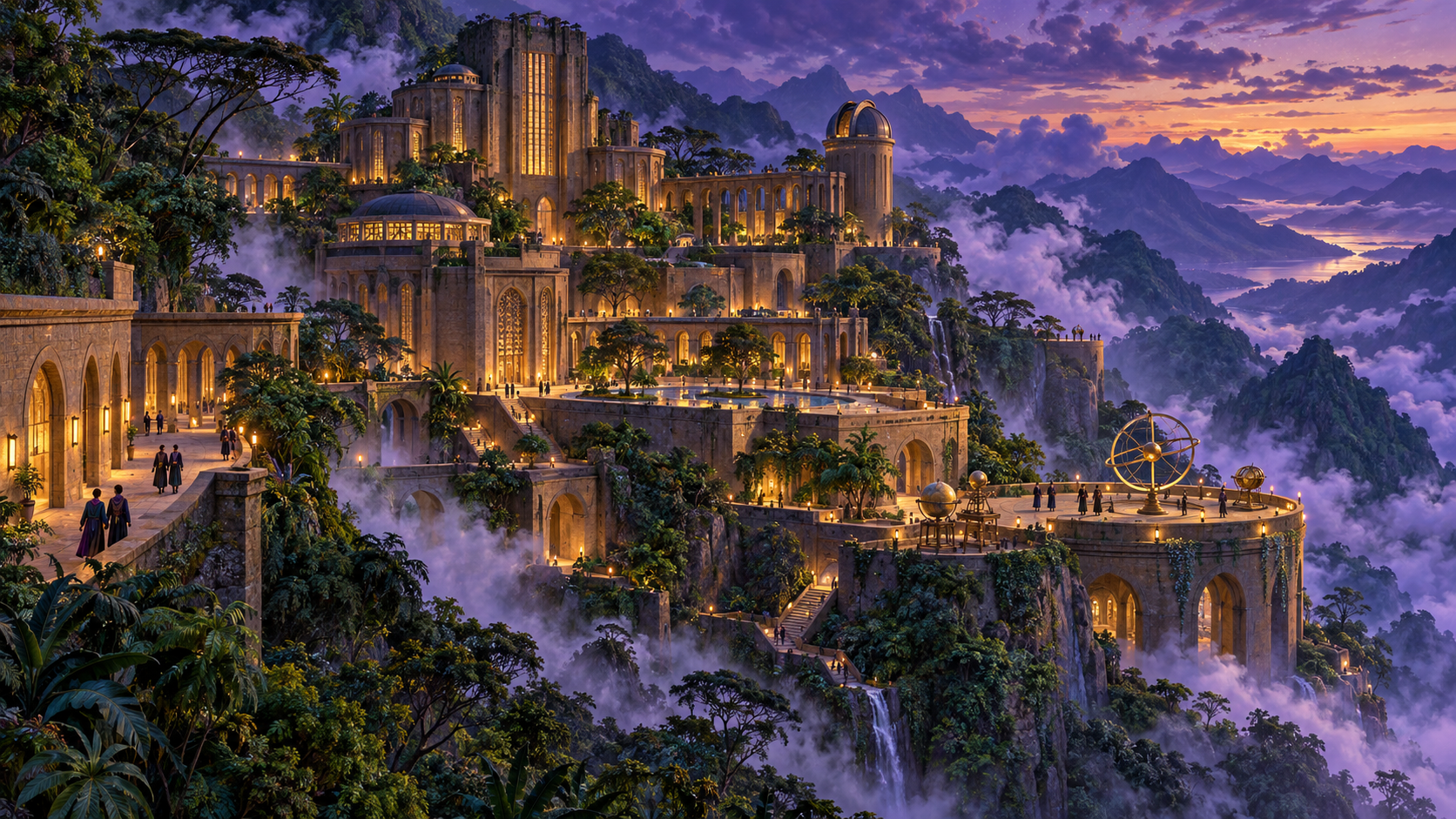 An illustrated Uagadou campus of stone terraces and observation platforms above misty mountains