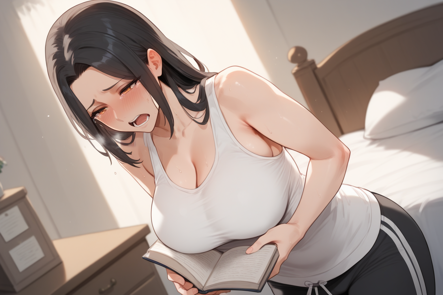 Michiko is wearing a white tank top and black sweats