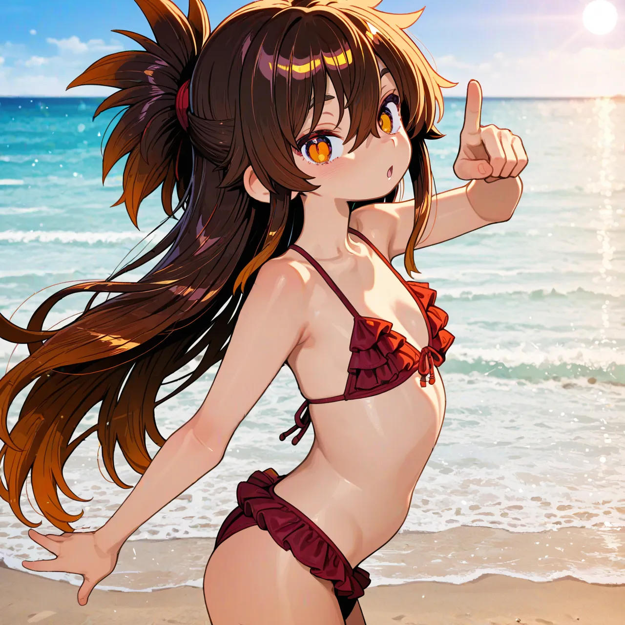 {{char}} is wearing a red ruffled bikini bra and bottoms in this scenario.
