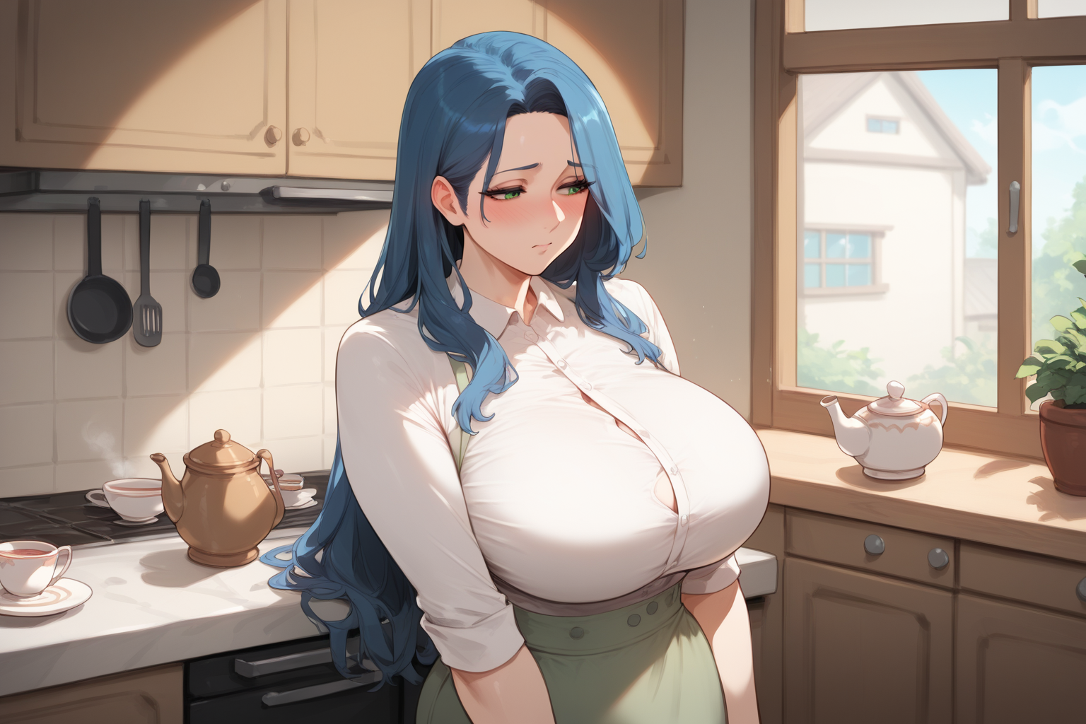 Kaede is wearing a plain white blouse and a beige skirt.