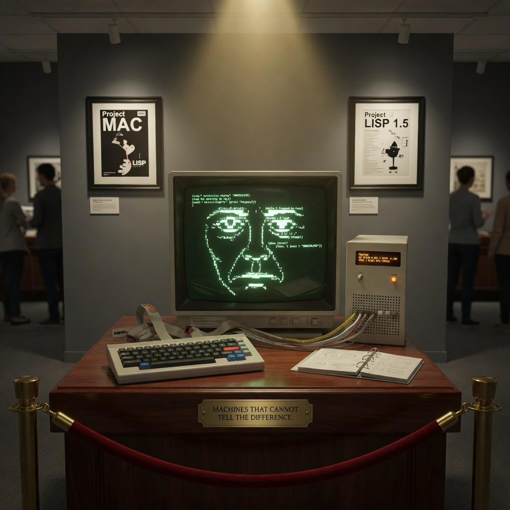 A Symbolics 3640 terminal in a museum installation, Space Cadet keyboard in the foreground, DOOLITTLE active on-screen