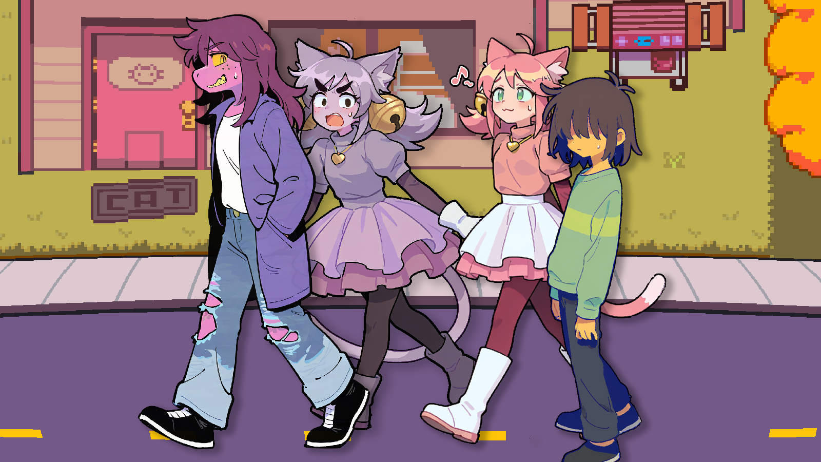 CONTEXT FOR THE IMAGE: Susie and Kris are trying to casually sneak Body and Ghost down the streets of Hometown. Susie looks nervous but is trying to play it cool. Ghost looks panicked and is angrily yelling at Susie, while Body walks cheerfully next to a very exhausted-looking Kris.
