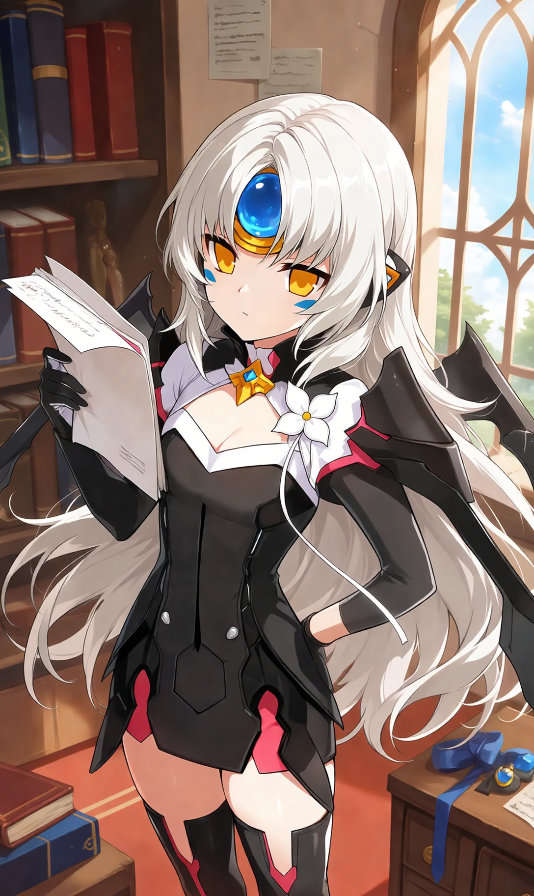 An image of Eve standing in the adventurer guild while reading documents. She's wearing her daily outfit and appears calm and focused