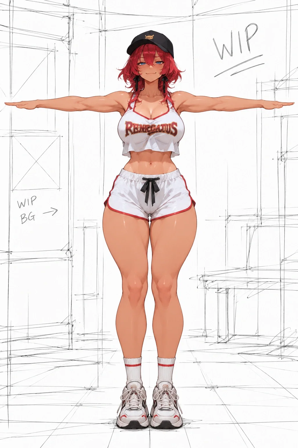 Rory in a white-and-red basketball uniform and black cap against a sketched work-in-progress background