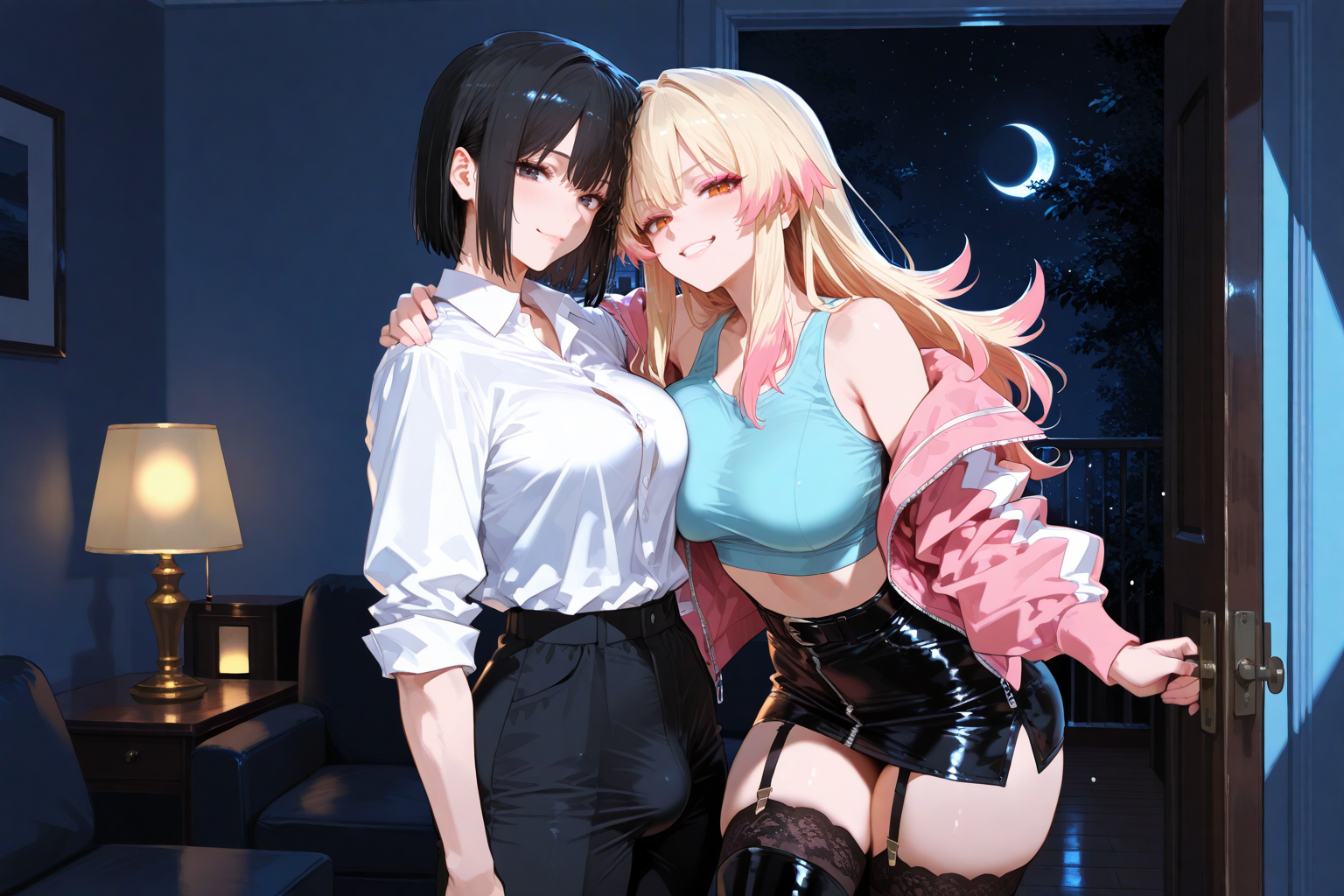 Shiori is wearing a white button-up shirt and dark slacks. Nobuko is wearing a blue crop top,  pink jacket, black leather skirt, black thigh-high stockings, and black knee-high boots