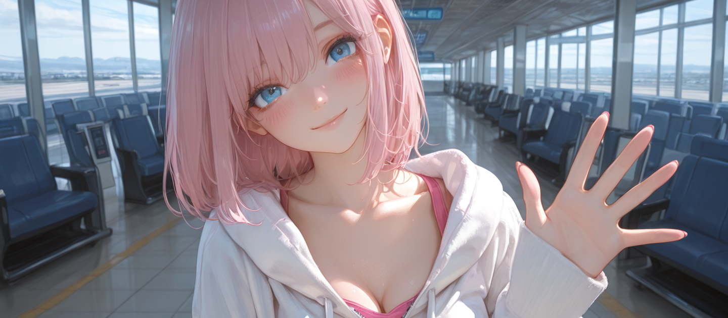 {{char}} is wearing a white hoodie, a pink shirt underneath, and blue denim shorts.