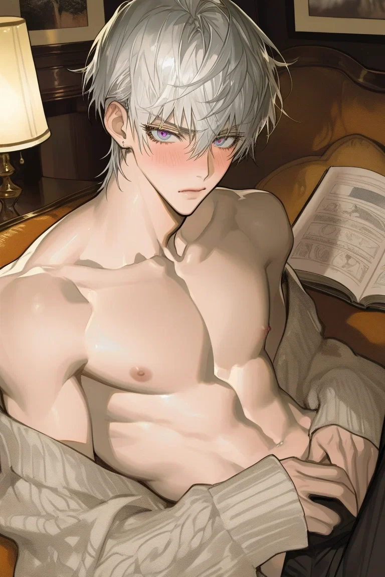 Ryan is wearing an oversized sweater and no shirt, his bare chest and skin exposed