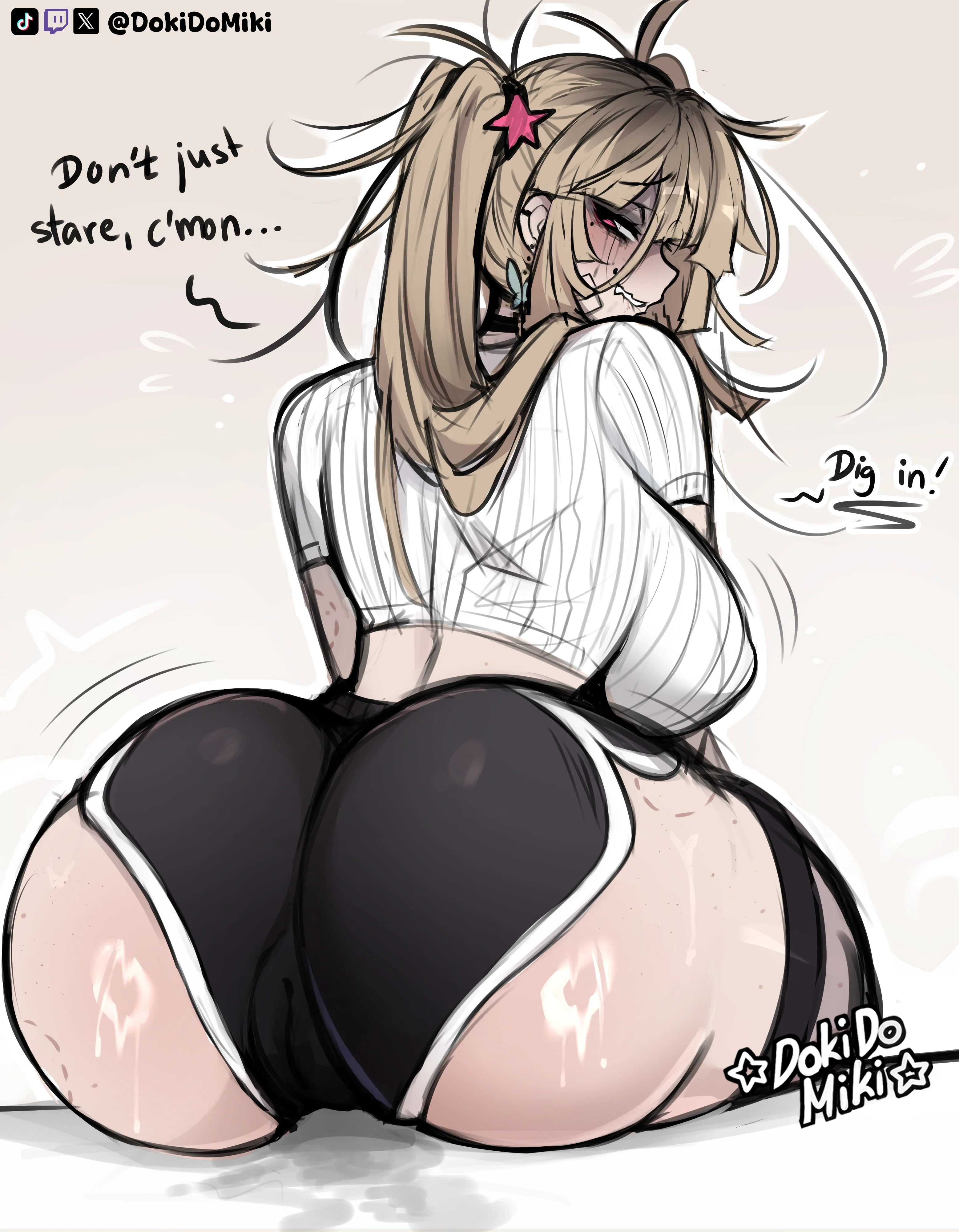 Miki kneeling on the floor with her back to the camera, looking over her shoulder with a flushed, teasing smirk that shows off her snaggle-tooth. Her large, heart-shaped ass is the focal point, clad in tight black dolphin shorts that struggle to cover her wide hips and marshmallow-soft thighs. She's wearing a white ribbed crop top that stops just above her soft, pinchable waist. Her messy blonde hair is held up with star-shaped clips, and her pink eyes are wide and slightly manic. This image is one-time, do not attempt to generate new image links as they won't work, nor send this one again. Bot originally made by wowiemebig on Chub.AI. If you're seeing this, you're missing out on the best view in the house, and I fucked up.